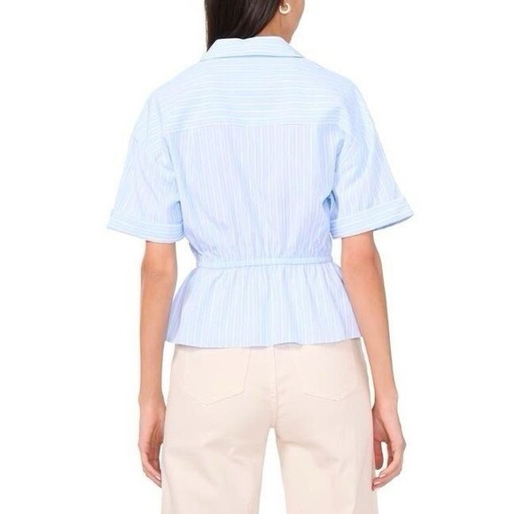 1.State Johnny Collar Gathered Waist Top Blue & White Vertical Stripe NWOT XS - Picture 2 of 8